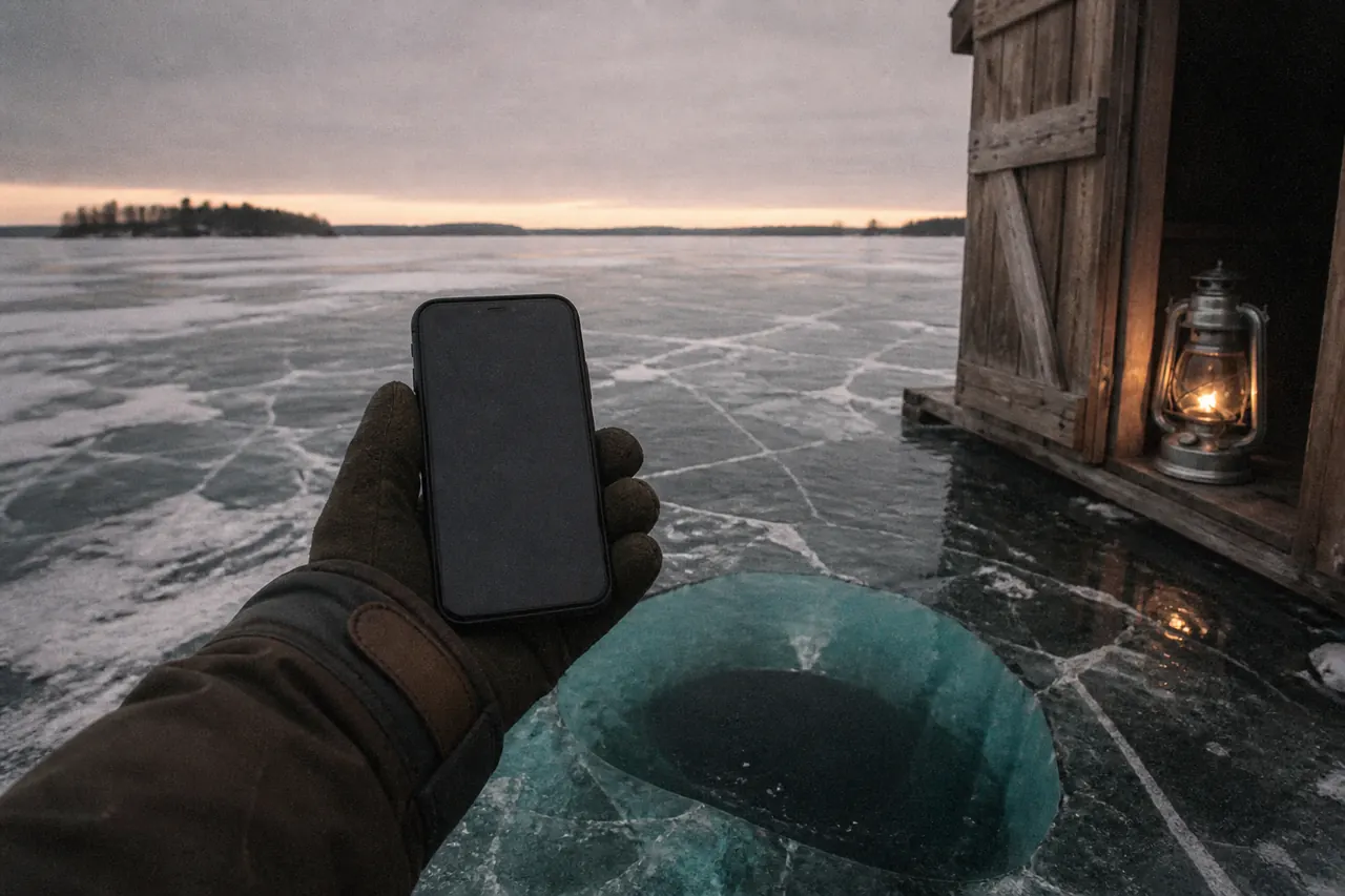 Android phone beside the Ice Fish hole, canvas glow only
