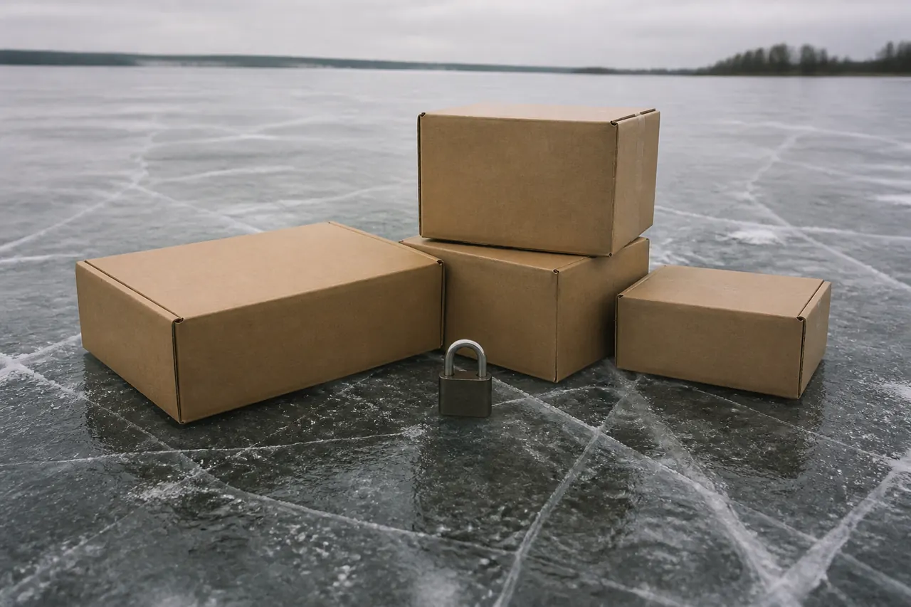 Stacked unlabeled APK boxes on ice next to an empty hole