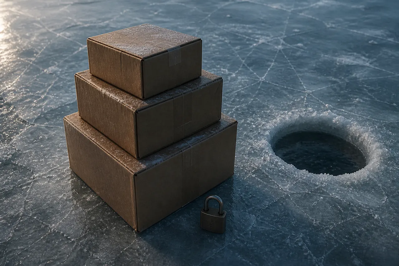 Unlabeled installers on cracked ice beside the Ice Fish hole