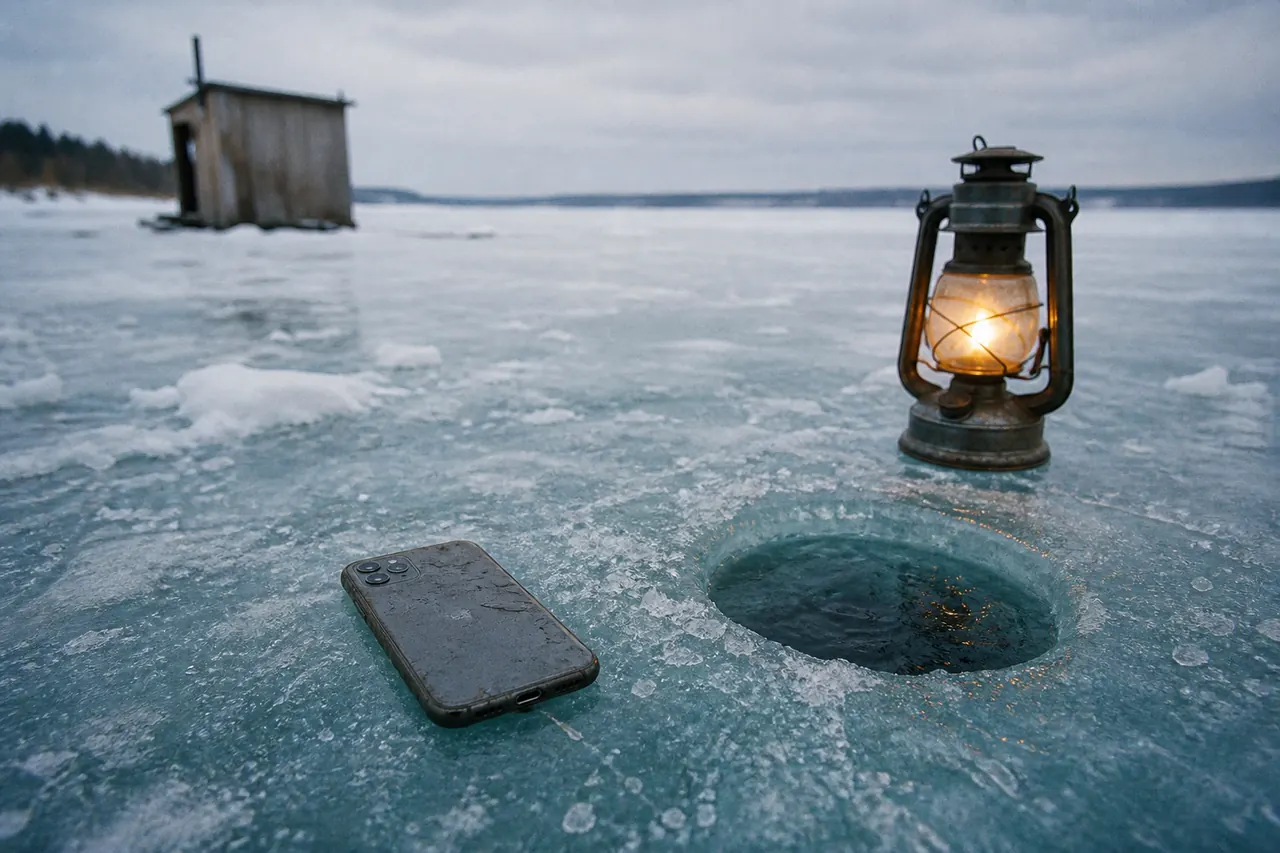 Phone in a glove beside the Ice Fish winch, no store lettering