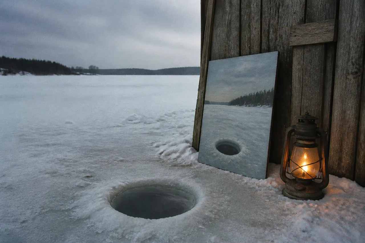 Live Ice Fish catch next to a decoy under the ice