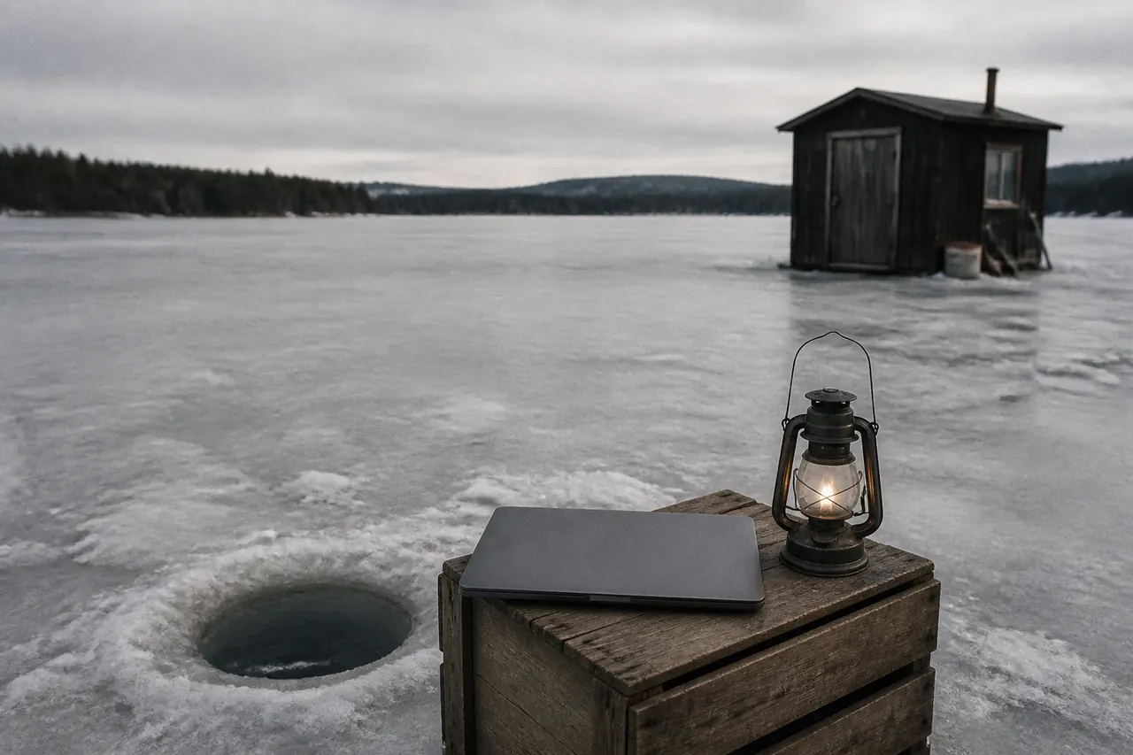 Browser glow over the Ice Fish hole, screen unreadable