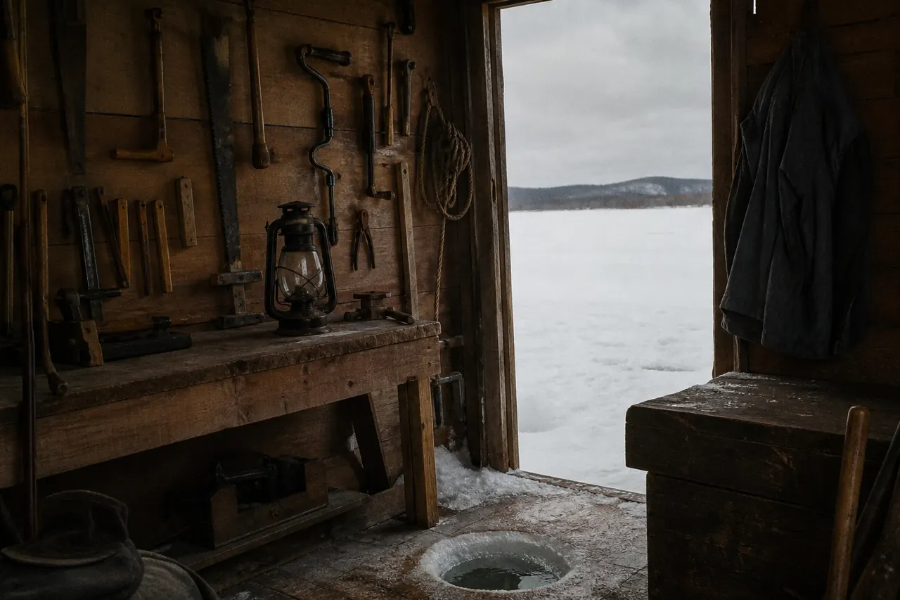 Workbench beside an Ice Fish winch and test hole