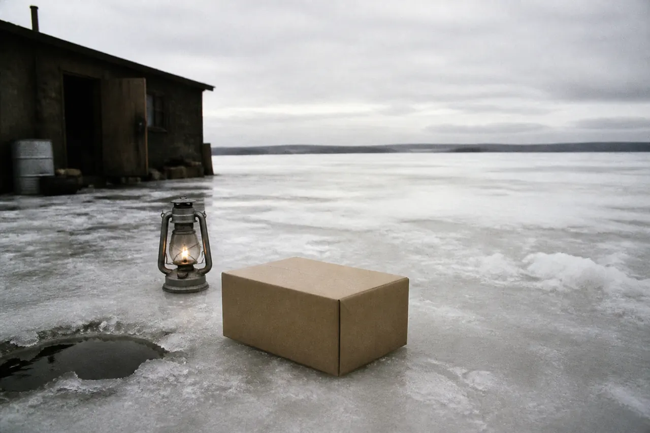 Unlabeled boxes on cracked ice beside the Ice Fish hole