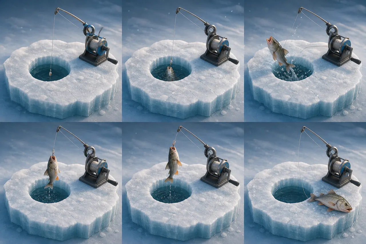 Stack of Ice Fish stills: hole, winch, and a landed catch