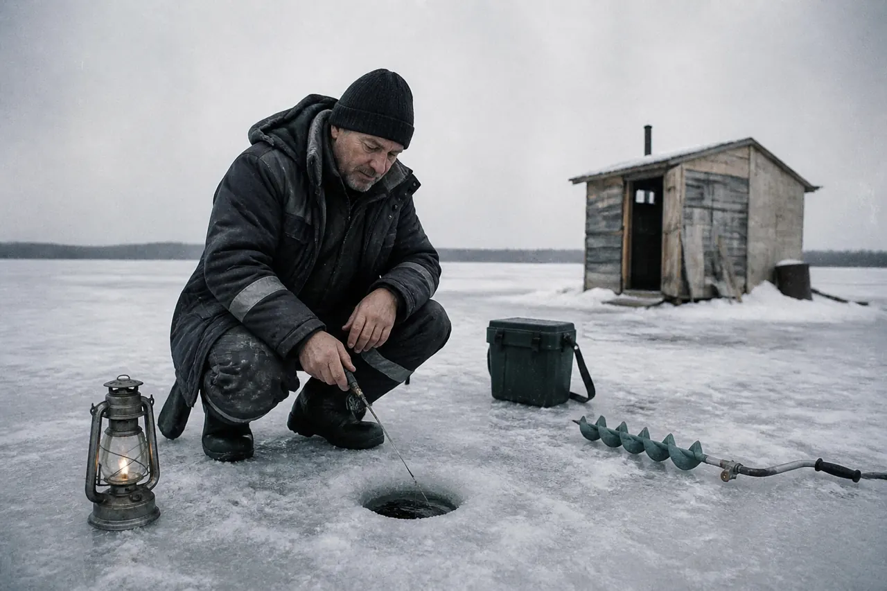 Unopened gift box on ice, Ice Fish winch dark