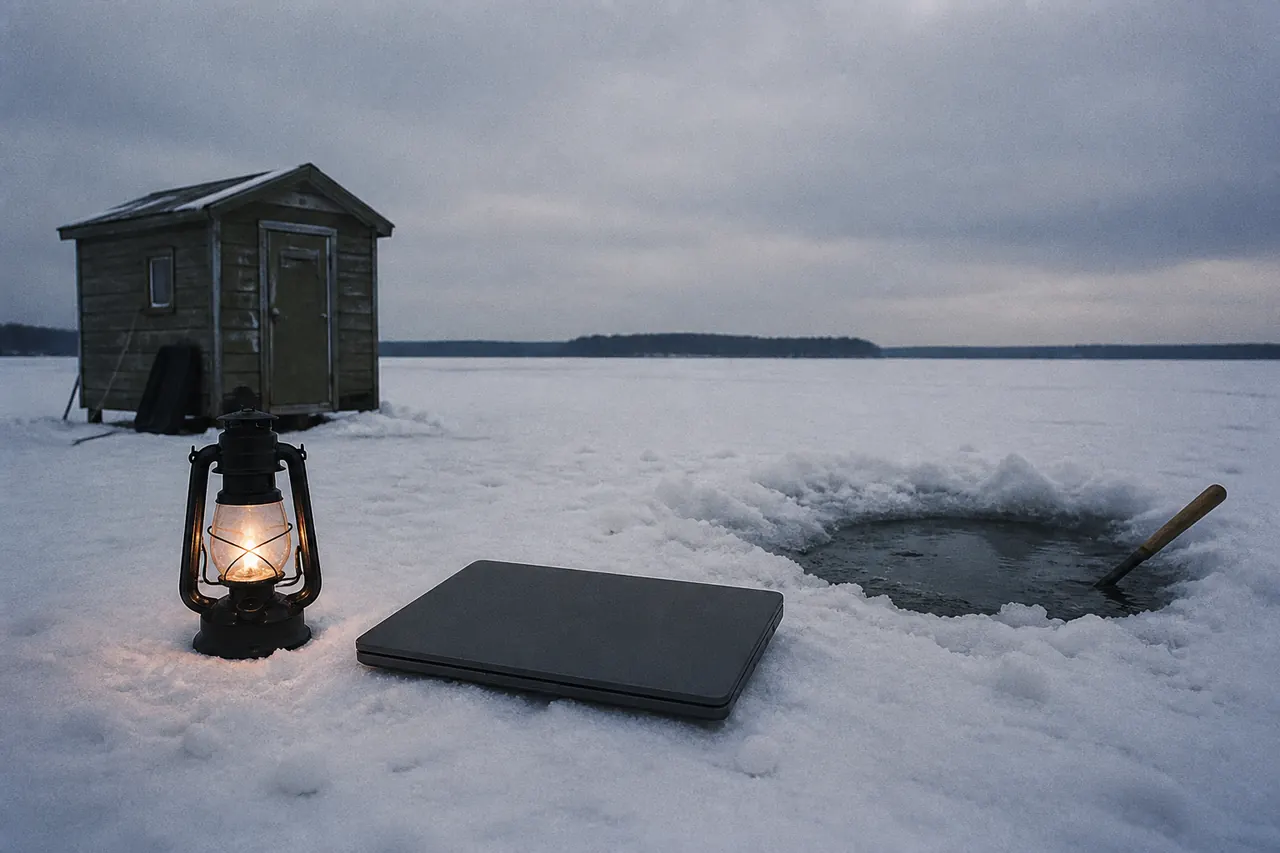Laptop facing the Ice Fish table, hole and winch in view