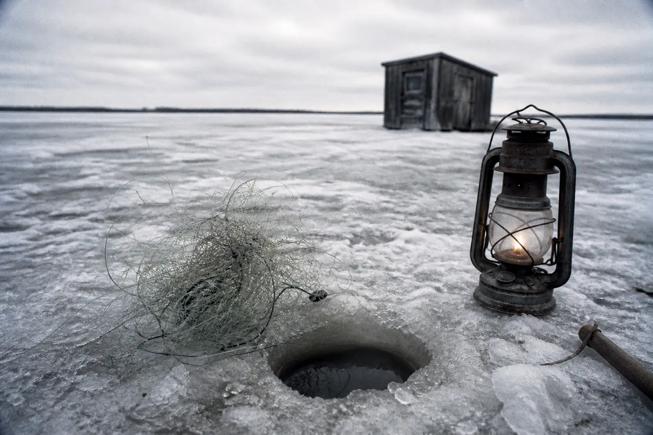 Cracked ice with three wrong footprints around the hole