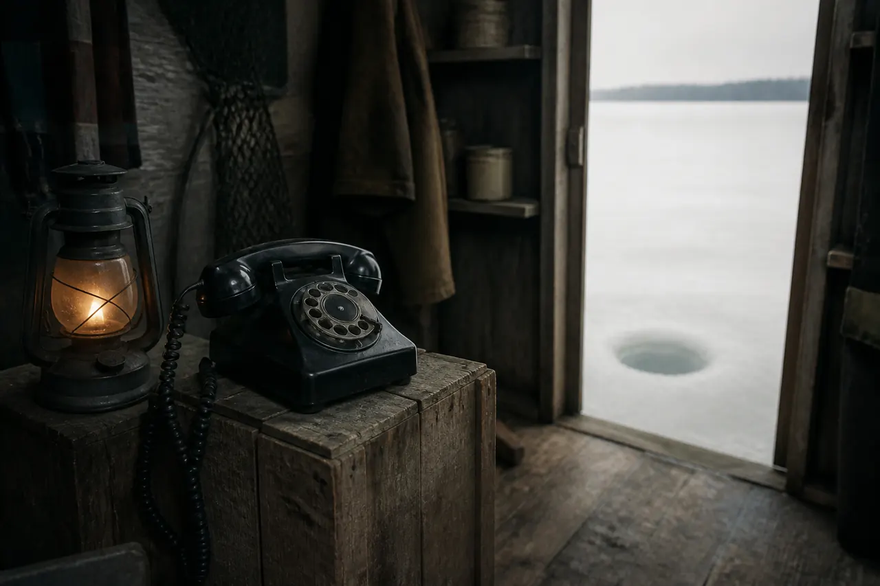 Unplugged handset on ice beside an idle Ice Fish winch