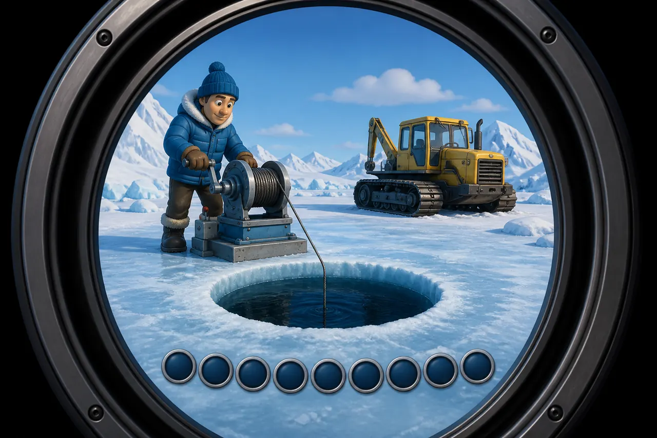 Idle Ice Fish hole and winch before a demo catch