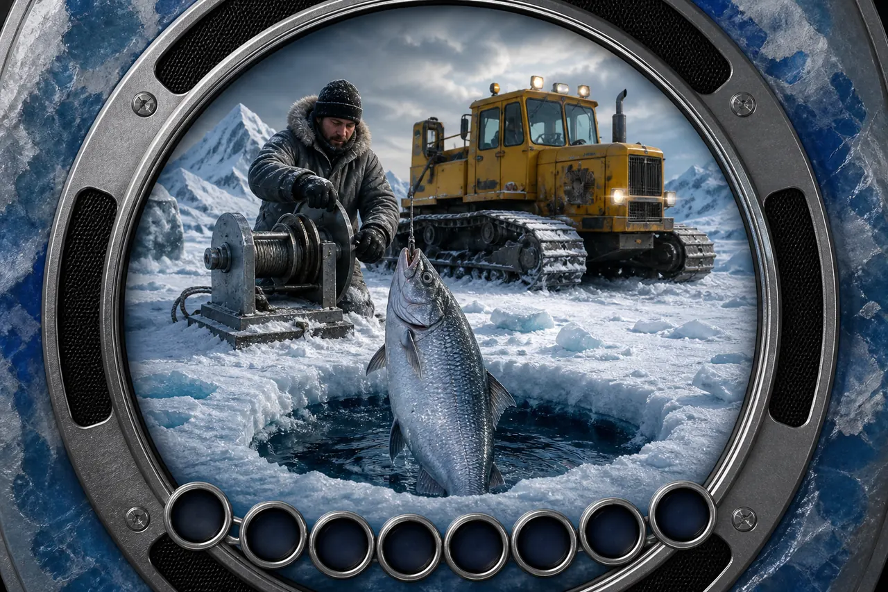 Ice Fish table: circular hole, winch, and a fish rising through the catch