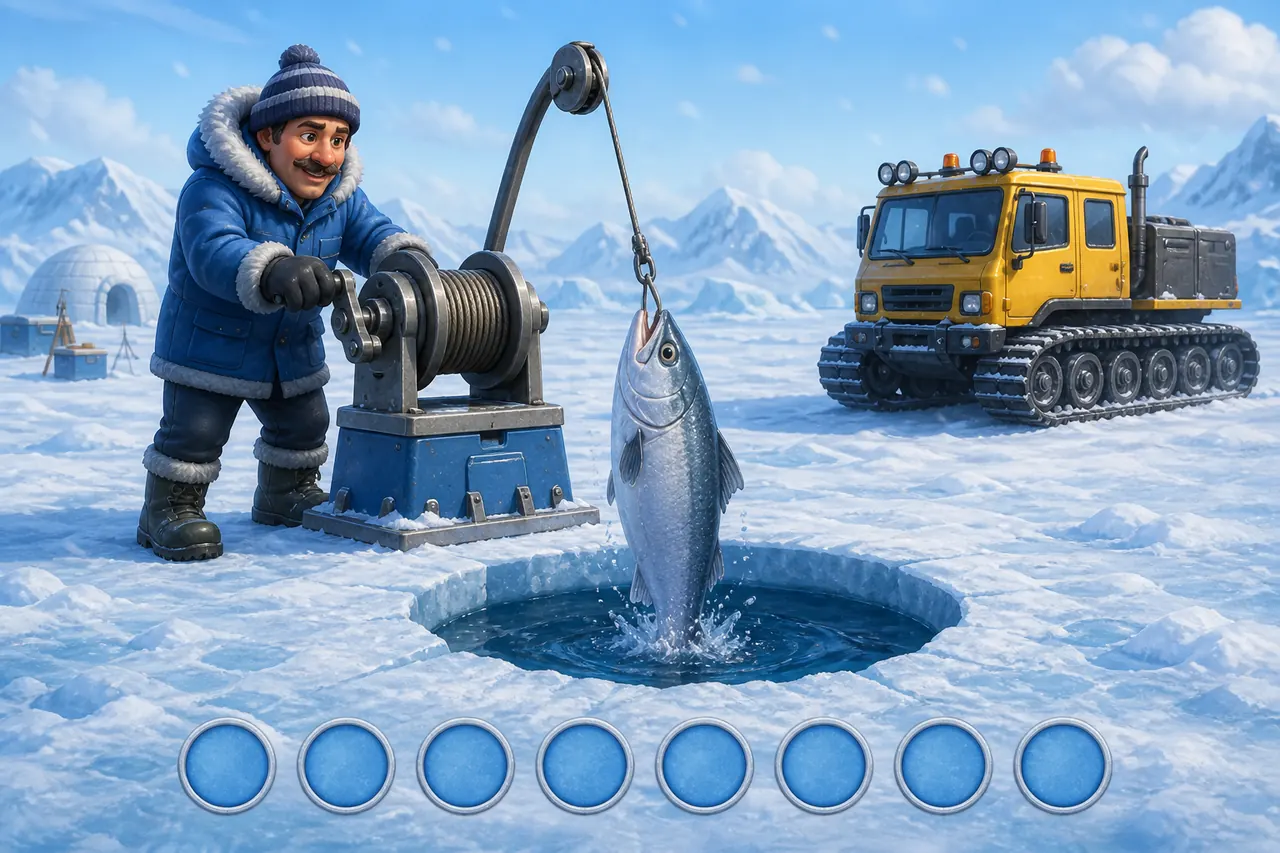 Ice Fish round on the table: winch, hole, and catch