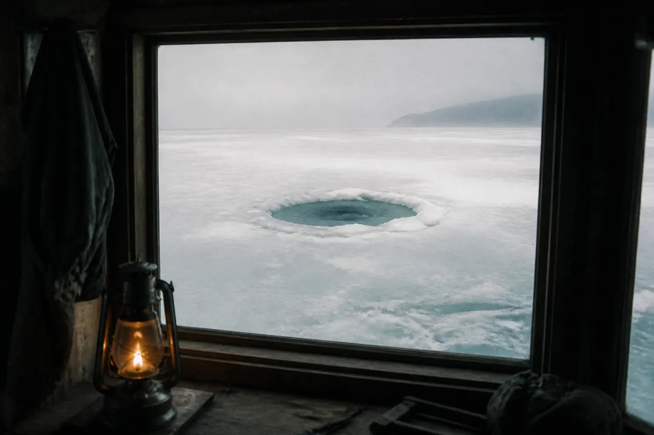 Ice Fish hole and yellow work vehicle in an online round