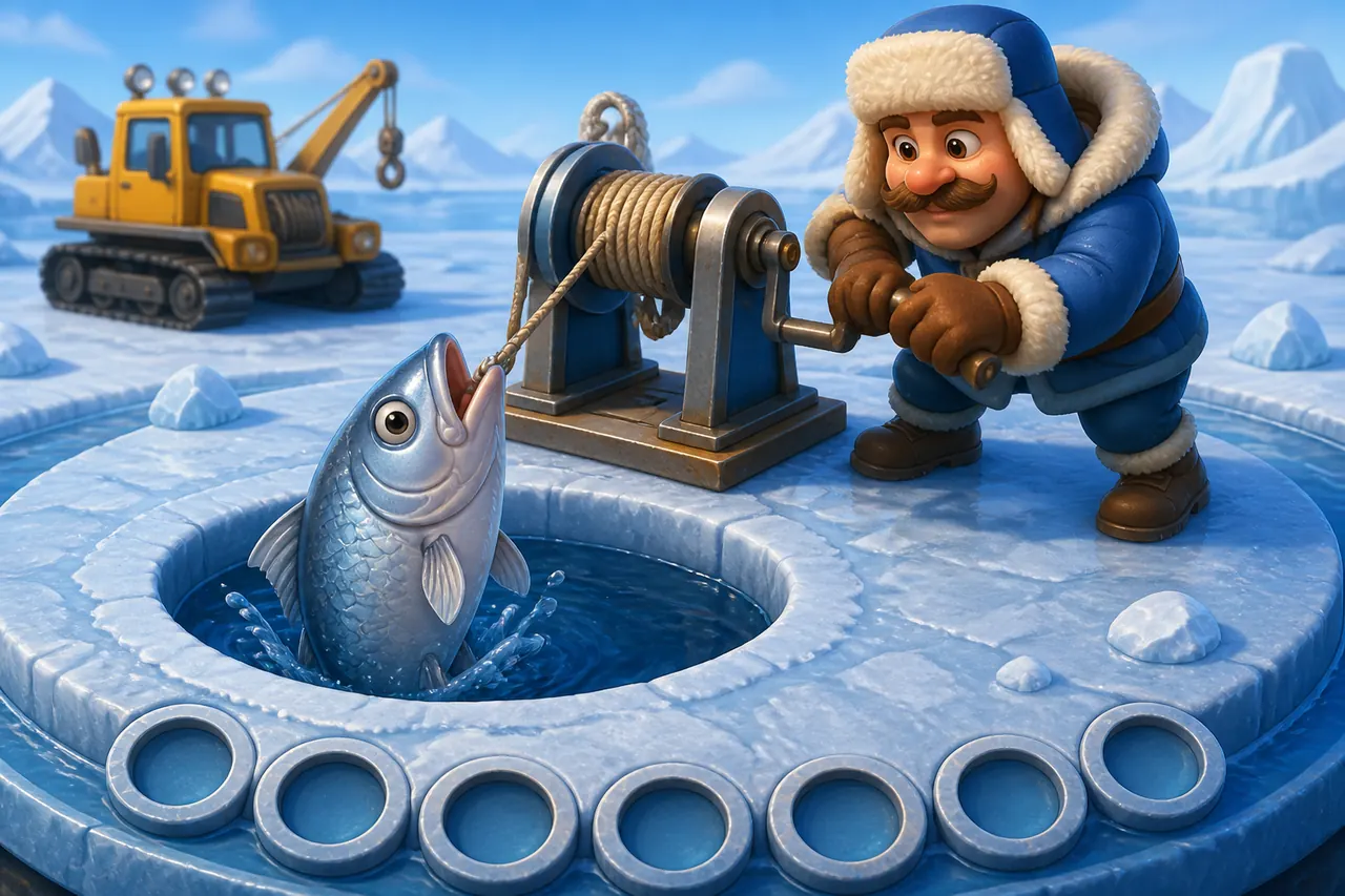 Ice Fish key art: winter angler, winch, and a hanging catch