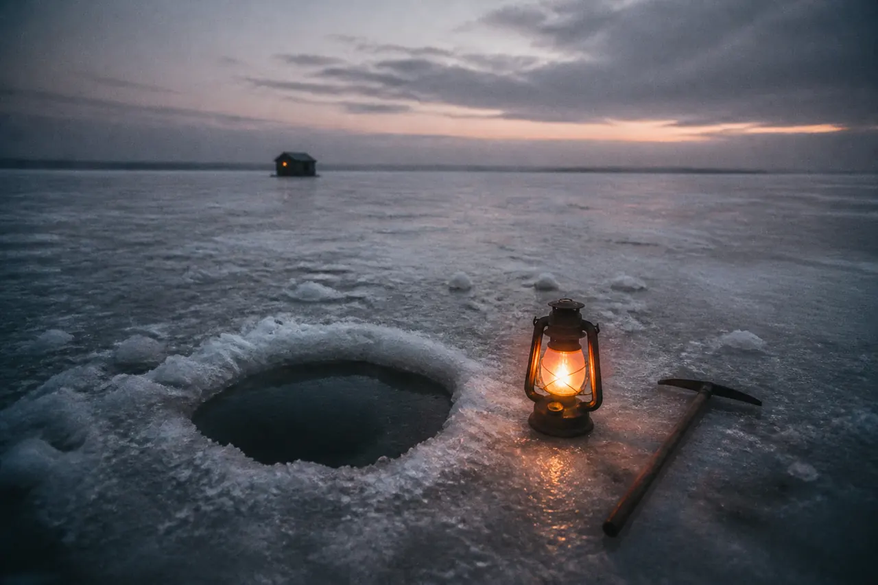 Ice Fish table under overcast light, hole and winch in frame