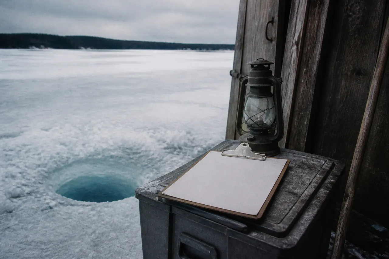 Clipboard on a crate beside the Ice Fish hole