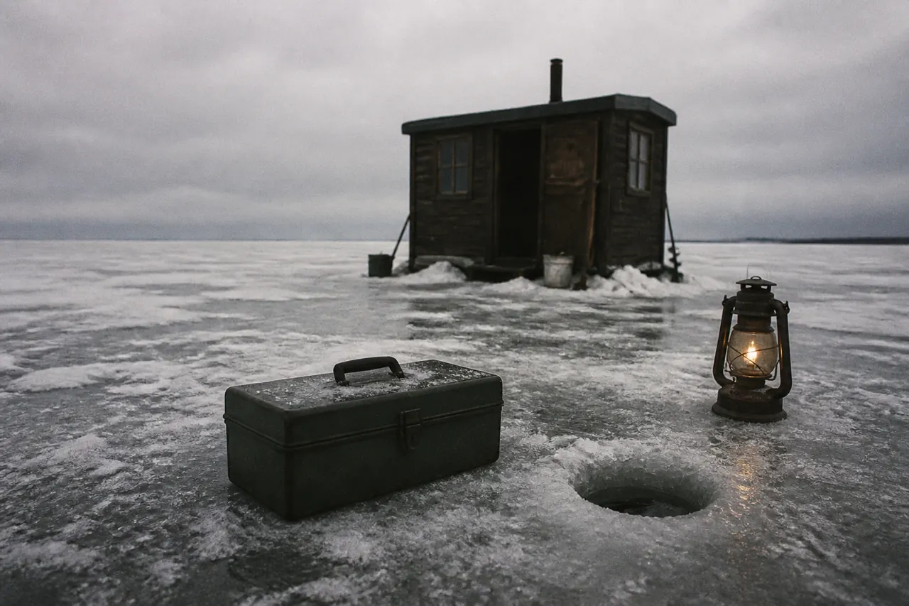 Closed crate on ice; the Ice Fish hole is already open