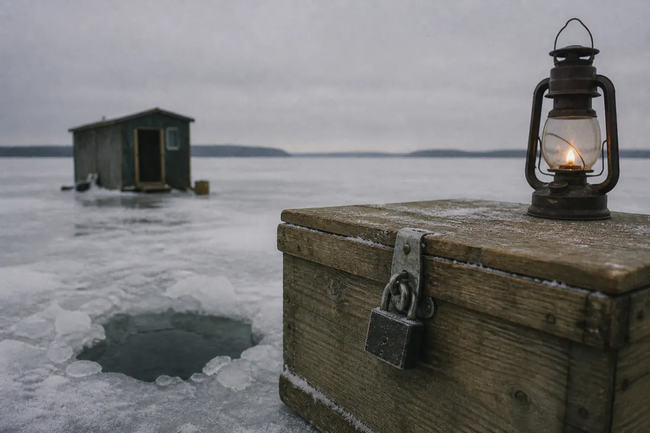 Rope line across ice toward one Ice Fish table