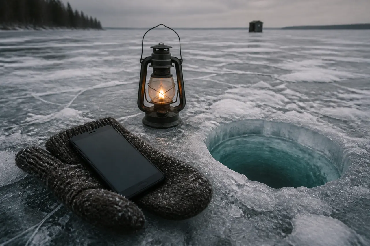 Phone over snow showing an Ice Fish hole glow, screen unreadable