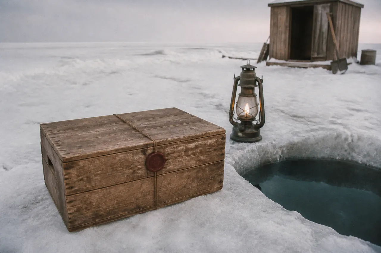 Calm Ice Fish table with one angler and a lit winch
