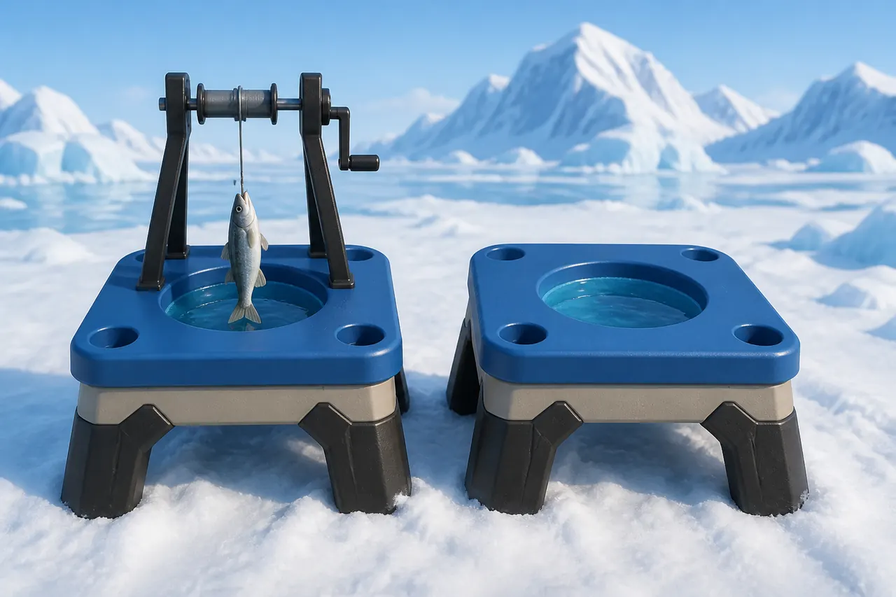 Live Ice Fish catch beside an empty lookalike hole