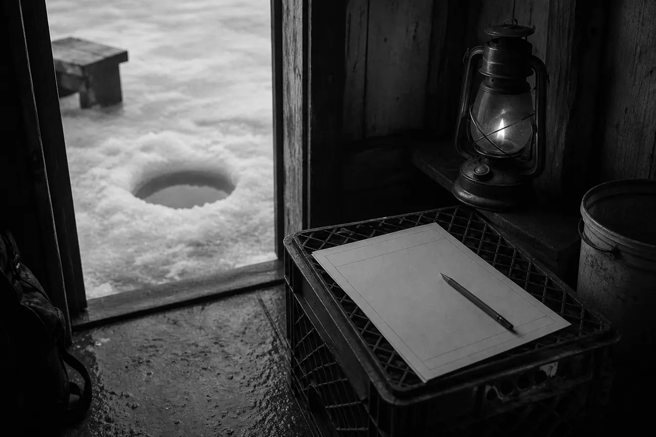 Blank notebook on a crate beside the Ice Fish hole