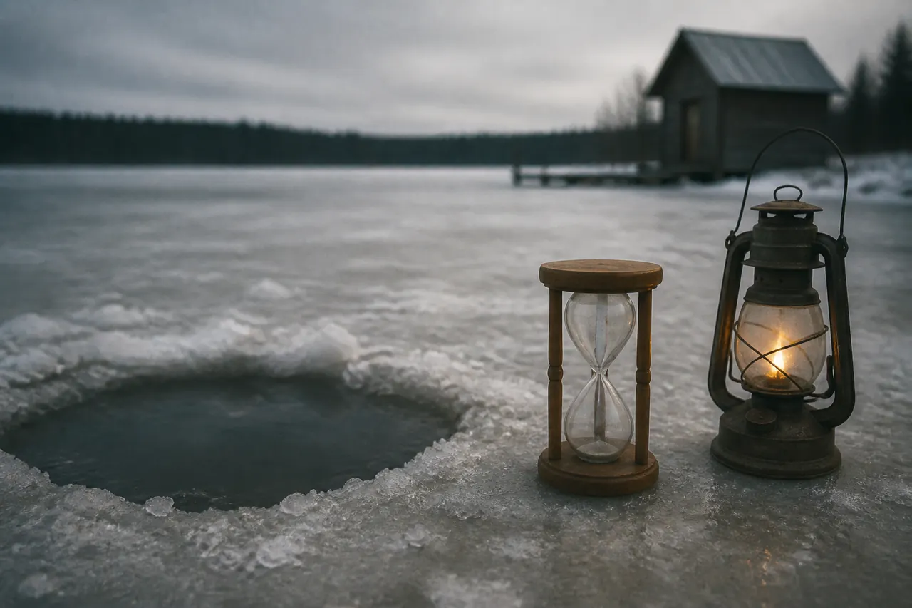 Hourglass beside an idle Ice Fish hole after a stop