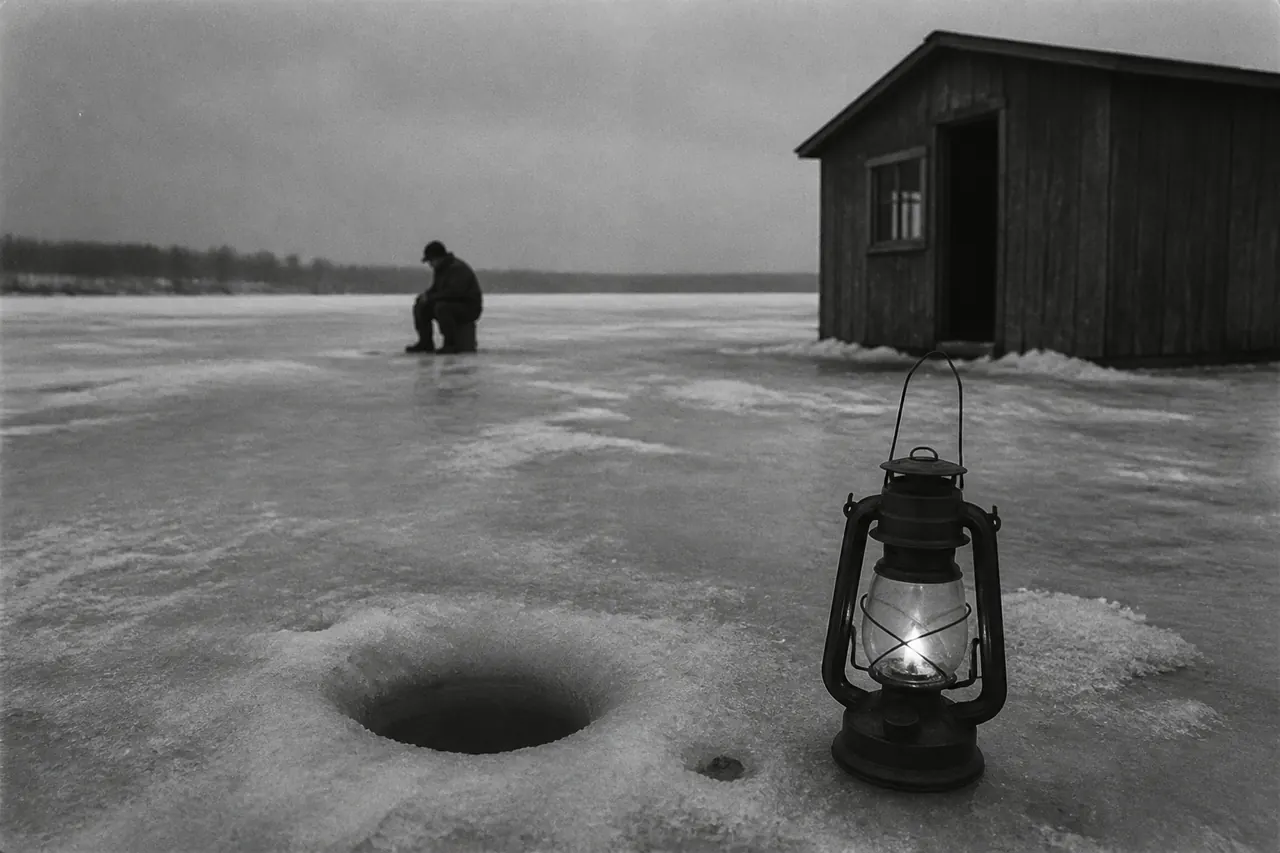 Stopwatch and credit tokens at an Ice Fish practice hole