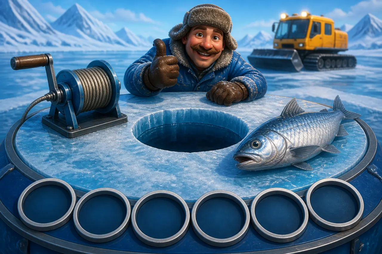 Ice Fish loop on the table: target mark, hole, then a landed fish