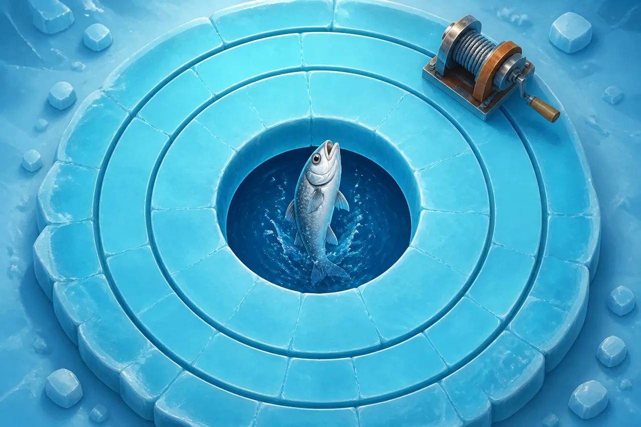 Catch stages around the Ice Fish hole as the fish rises