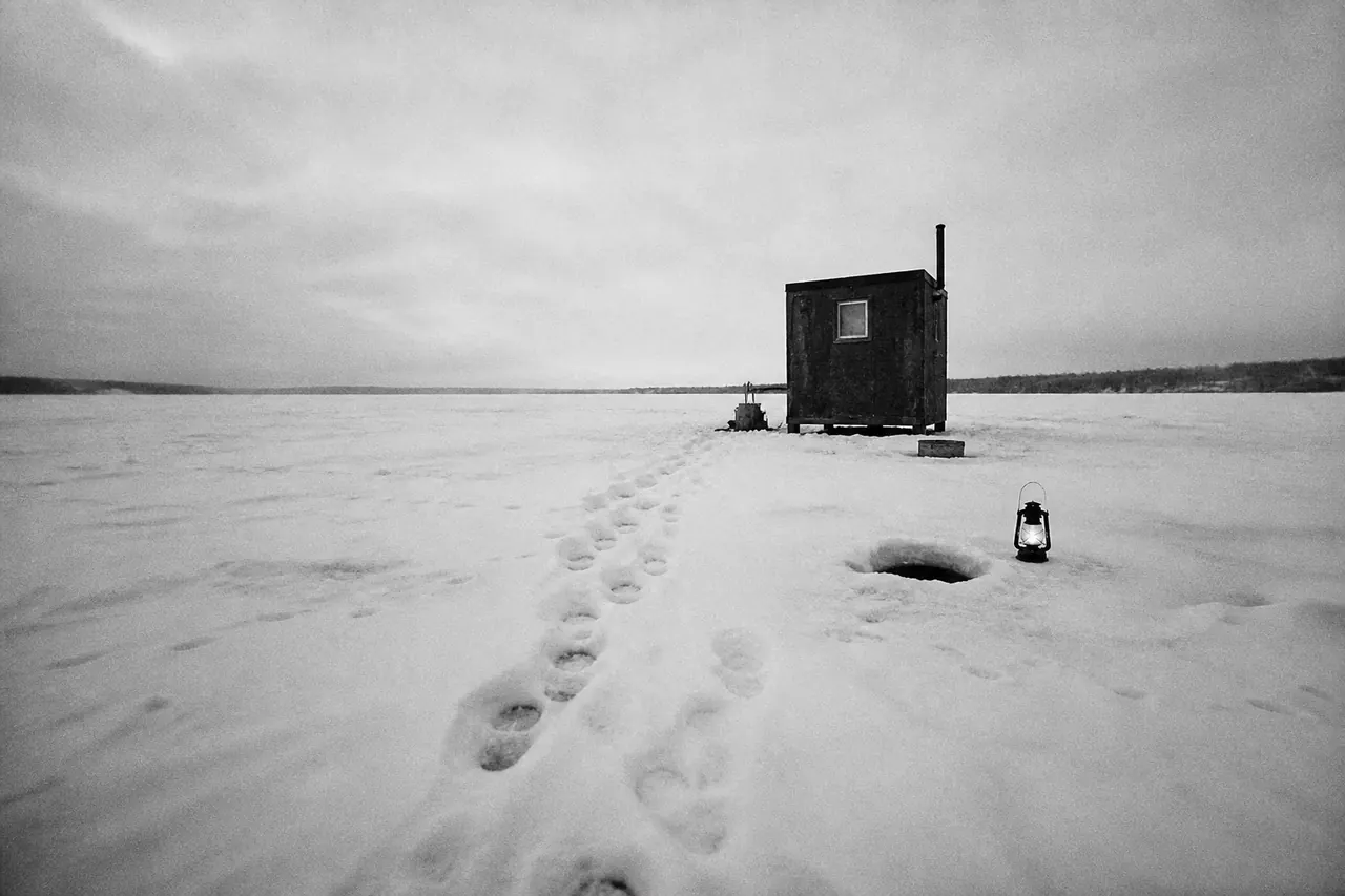 Forked ice path toward one Ice Fish hole with a fish rising