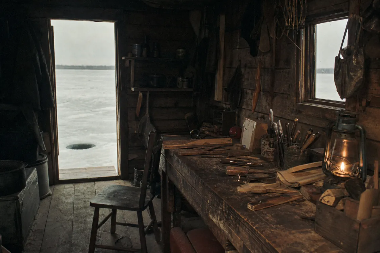 Studio-side Ice Fish table: winch, hole, and a test catch