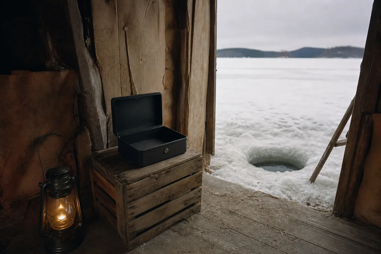 Closed cash box on a dock, Ice Fish hole in the background