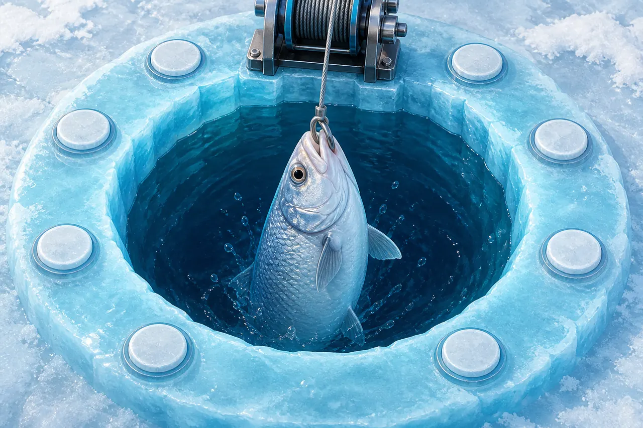 Ice Fish catch rising in the hole while unmarked stage pips sit on the rim