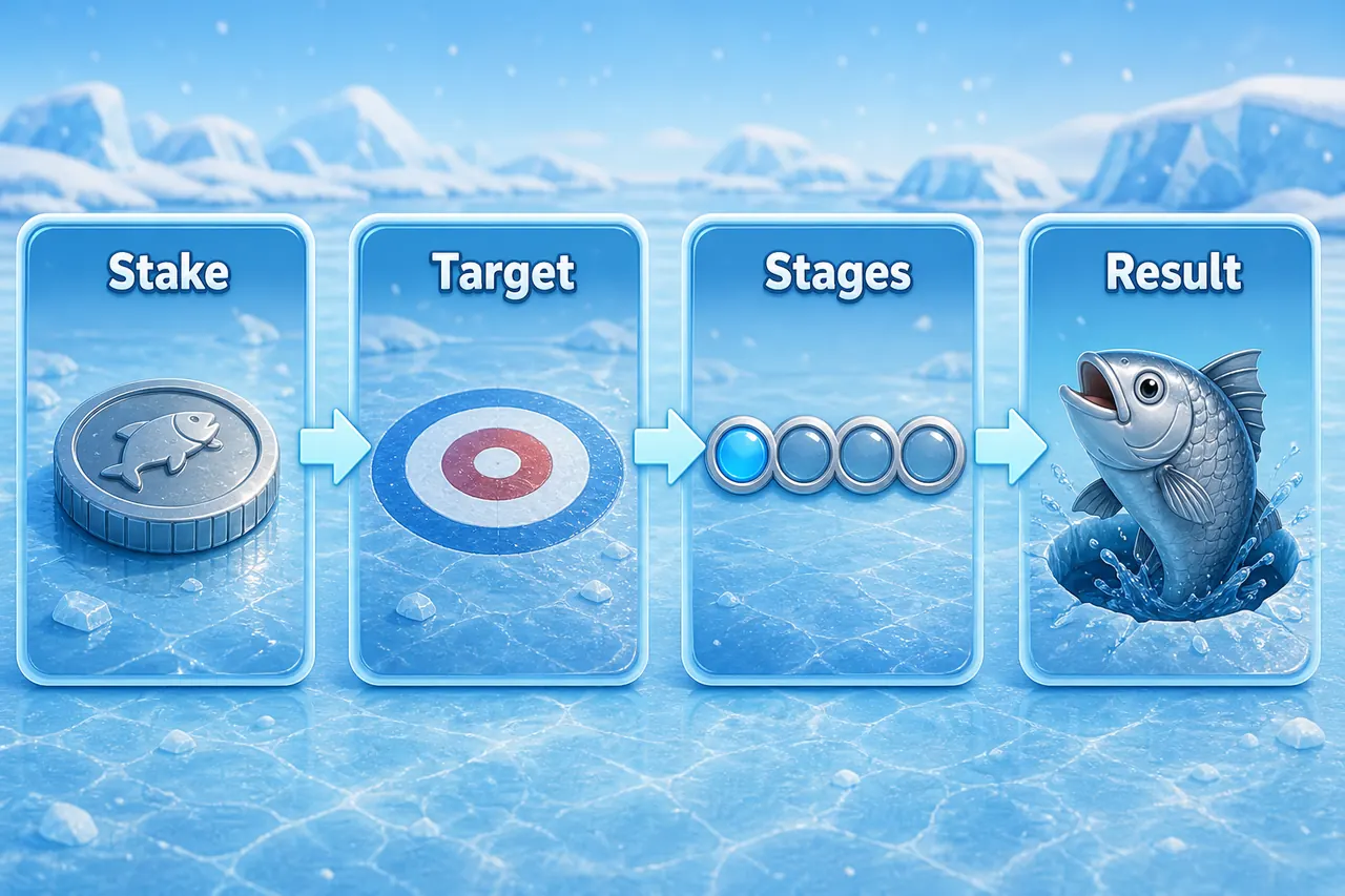 Ice Fish round loop: stake, target, stages, result