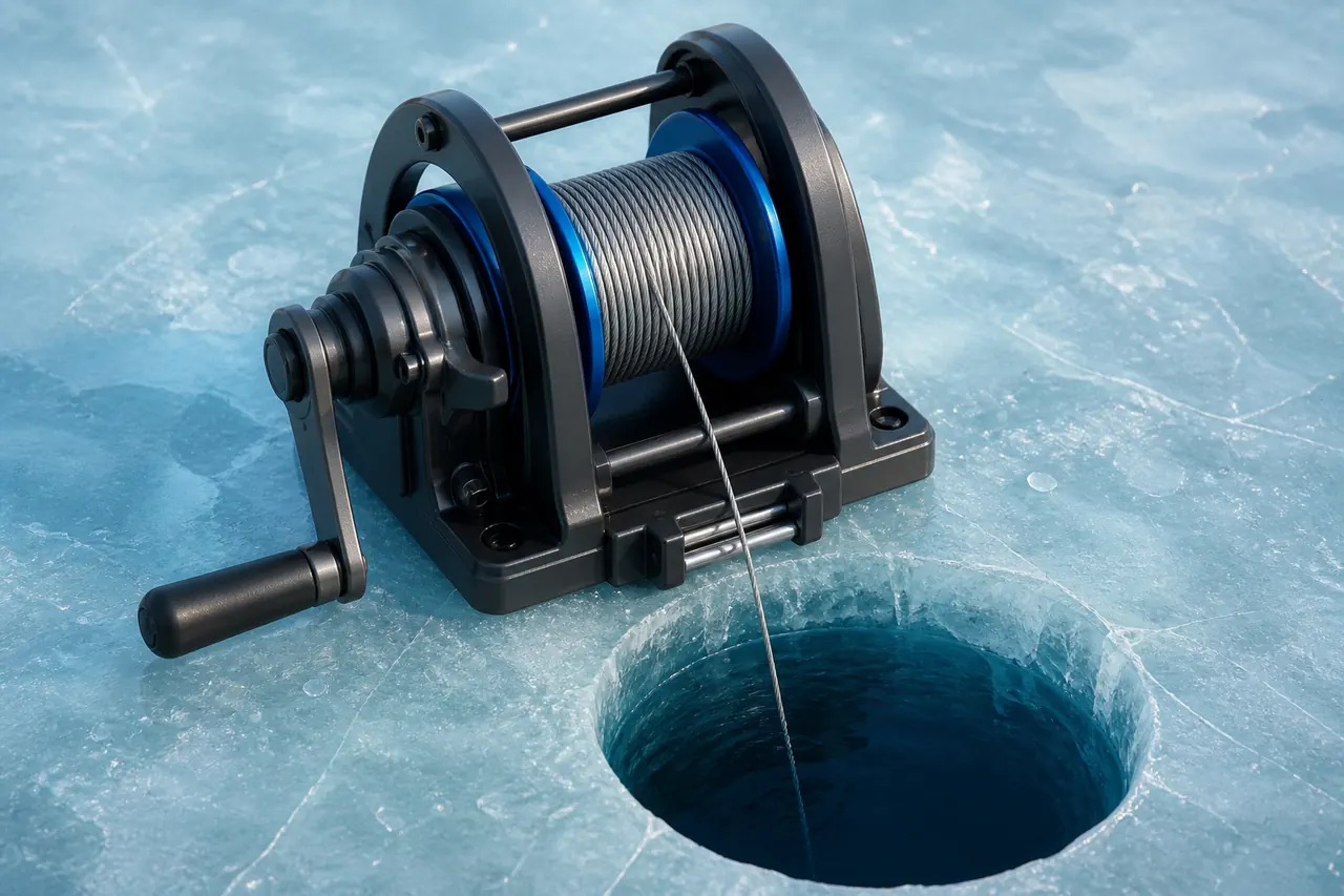 Mechanical Ice Fish winch beside the circular hole, cable into the water